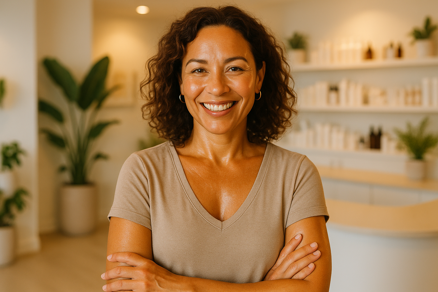 A confident, glowing woman smiling in a warm wellness clinic